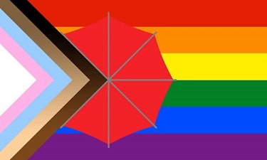The progress pride flag with a red umbrella added